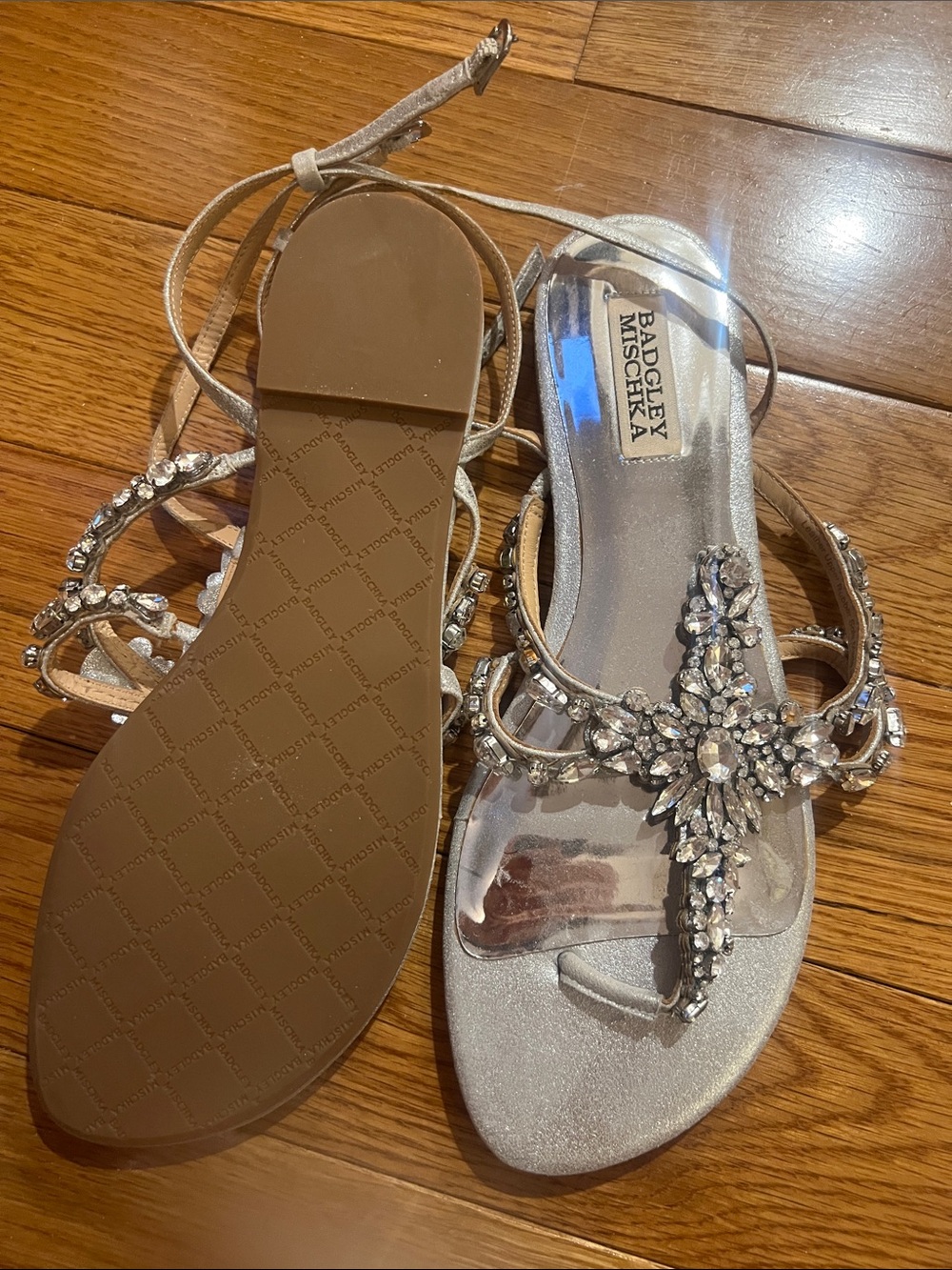 Badgley Mischka Silver Crystal T-Strap Sandals - Picture 2 of 2